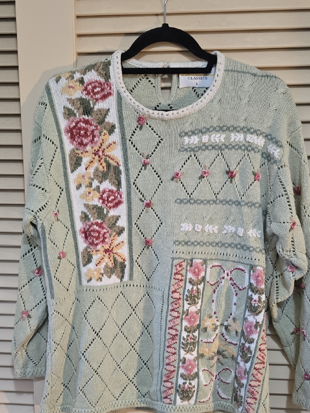 Marisa Christina Pastel Green Floral Embroidered Knit Sweater